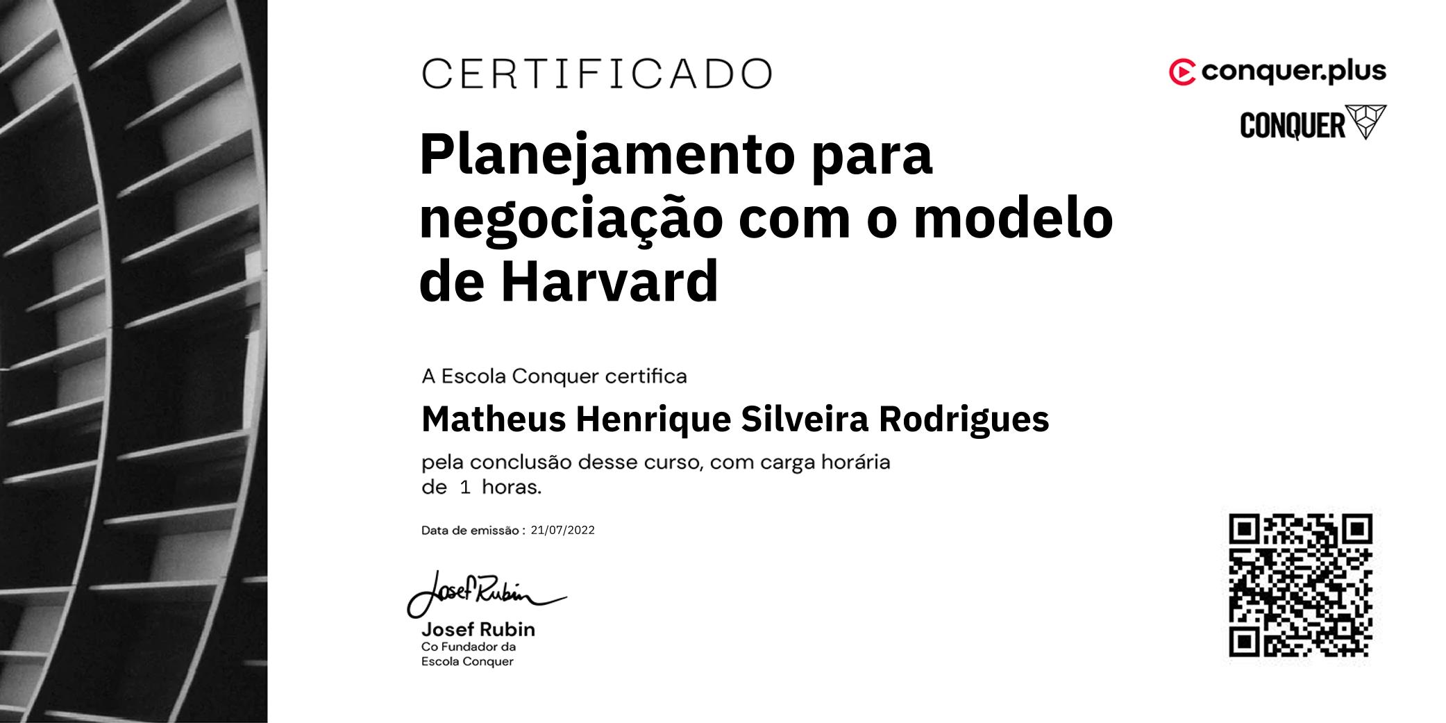 Certificado de Planejamento para negociação com o modelo de Harvard